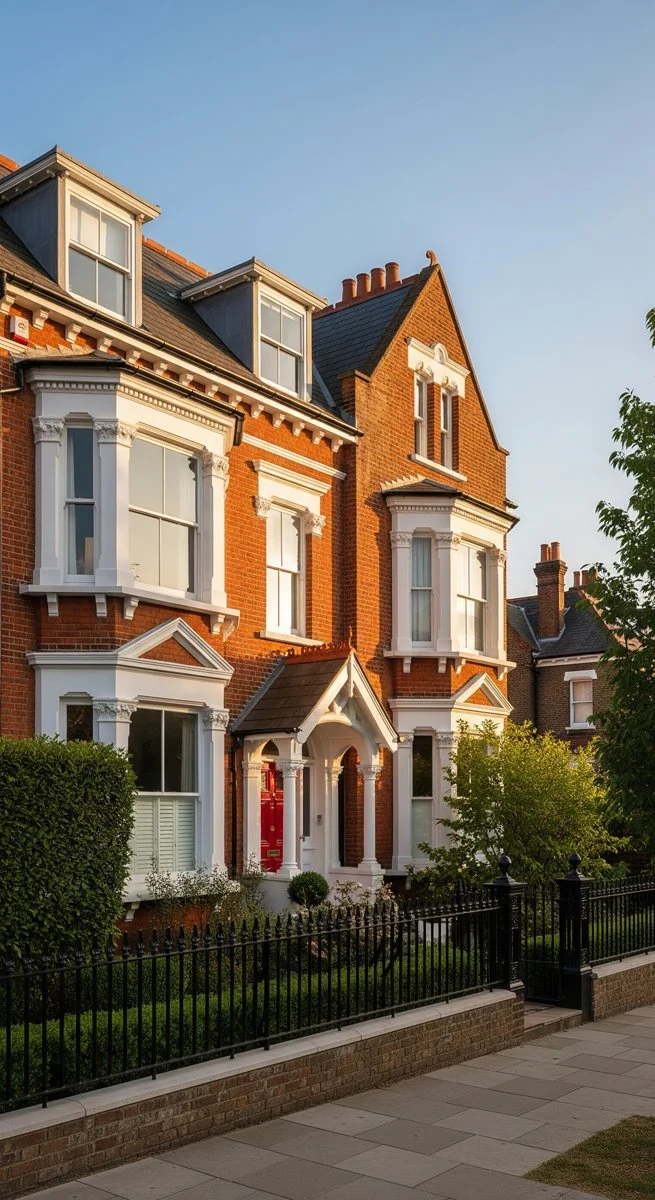 Residential homes with brick and white-painted facades